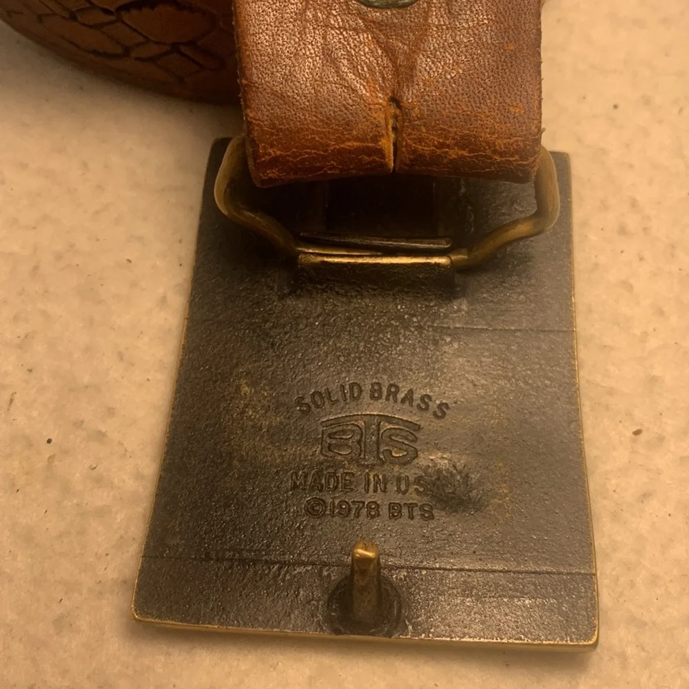 Vintage BTS Solid Brass Stallion and Colt Brown Leather Engraved Belt